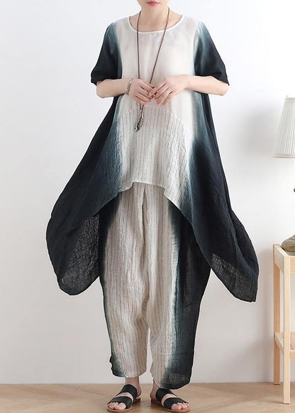 New Black O Neck Patchwork Tops +elastic Waist Wide Leg Pants Two Pieces