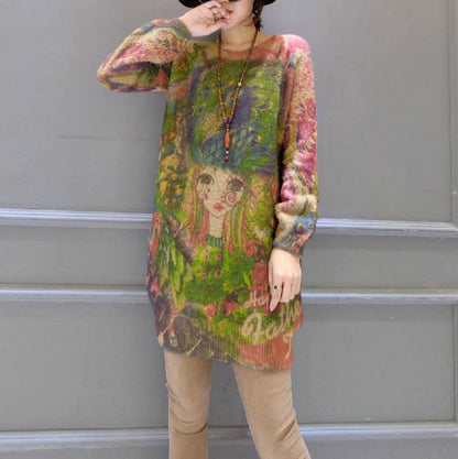 New Girl Print Cotton Sweater Tops Mid Long Knit Pullover
