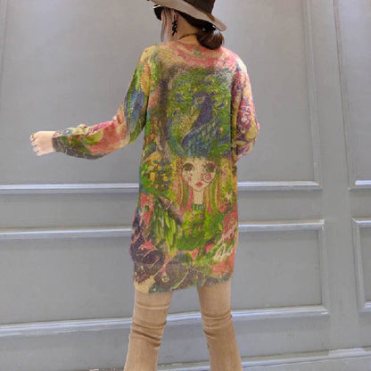 New Girl Print Cotton Sweater Tops Mid Long Knit Pullover