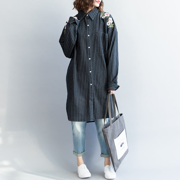 Outfit Refashion Turn-down Collar Embroidery Dark Blue Striped Diy Cotton Tops