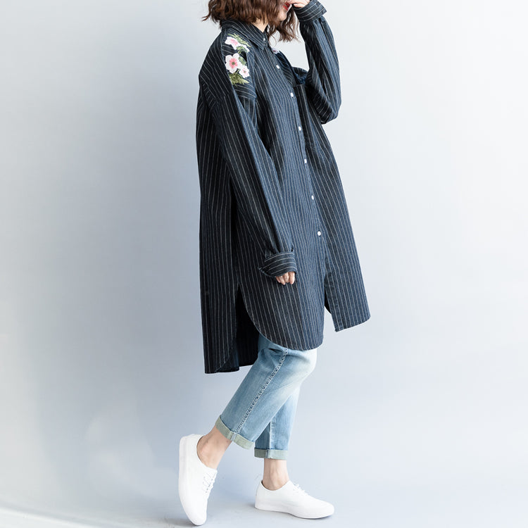 Outfit Refashion Turn-down Collar Embroidery Dark Blue Striped Diy Cotton Tops