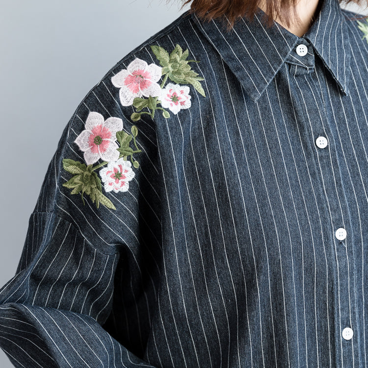 fashion outfit Refashion Turn-down Collar embroidery dark blue striped DIY cotton tops