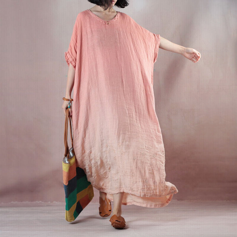 Pink Orange Linen Dresses Loose Fitting V Neck Baggy Dresses Linen Dress Half Sleeve Maxi Dresses
