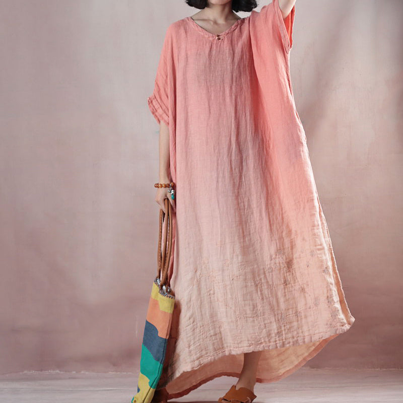 Pink Orange Linen Dresses Loose Fitting V Neck Baggy Dresses Linen Dress Half Sleeve Maxi Dresses
