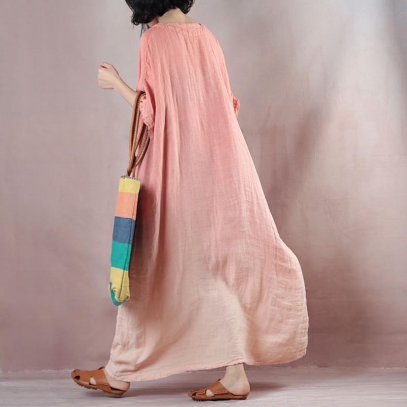 Pink Orange Linen Dresses Loose Fitting V Neck Baggy Dresses Linen Dress Half Sleeve Maxi Dresses
