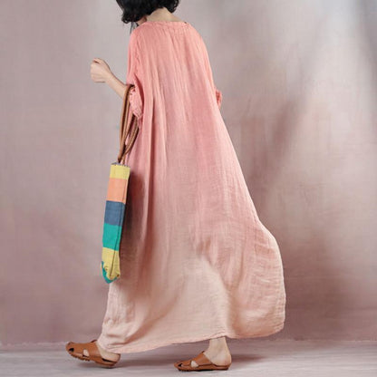Pink Orange Linen Dresses Loose Fitting V Neck Baggy Dresses Linen Dress Half Sleeve Maxi Dresses