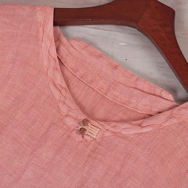 Pink Orange Linen Dresses Loose Fitting V Neck Baggy Dresses Linen Dress Half Sleeve Maxi Dresses