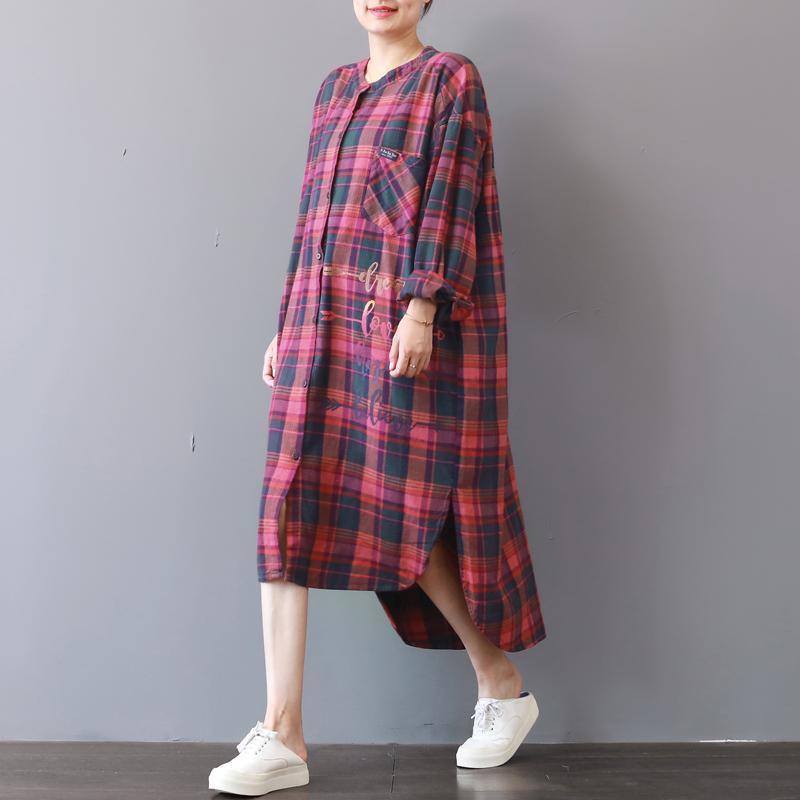 Plaid Prints Cotton Caftans Loose Fitting Cotton Clothing Shirt Dress New Low High Design Kaftans