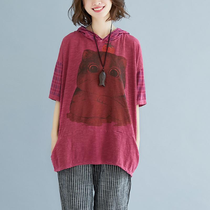 Pure Linen Blouse Oversize Plaid Summer Short Sleeve High-low Hem Purple Hooded Blouse