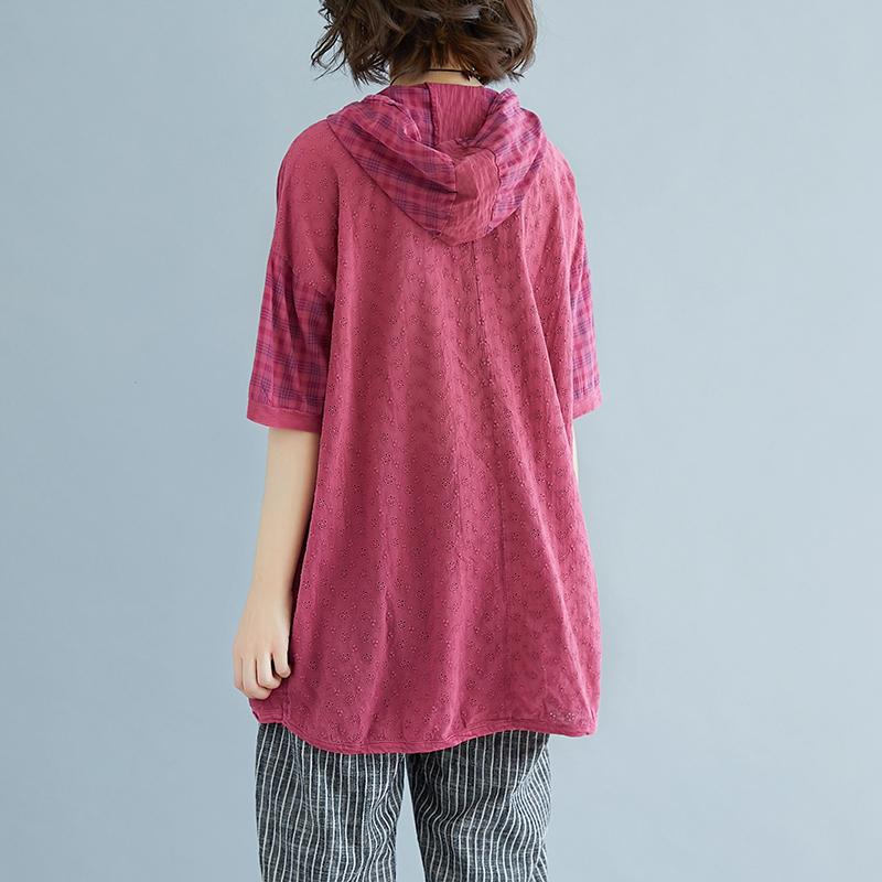 Pure Linen Blouse Oversize Plaid Summer Short Sleeve High-low Hem Purple Hooded Blouse