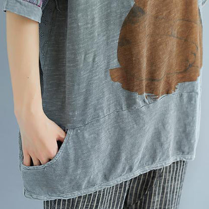 Pure Linen Blouse Oversize Plaid Summer Short Sleeve High-low Hem Purple Hooded Blouse