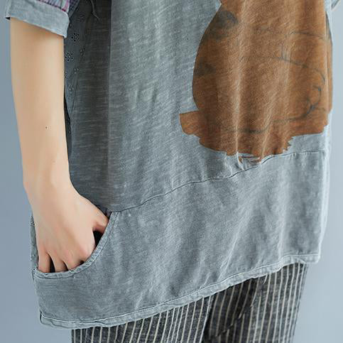 Pure Linen Blouse Oversize Plaid Summer Short Sleeve High-low Hem Purple Hooded Blouse