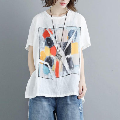 Pure Linen Blouse Summer Short Sleeve Slit Round Neck White Tops