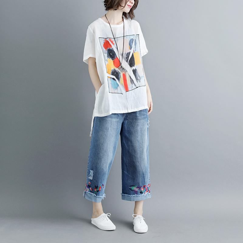 Pure Linen Blouse Summer Short Sleeve Slit Round Neck White Tops