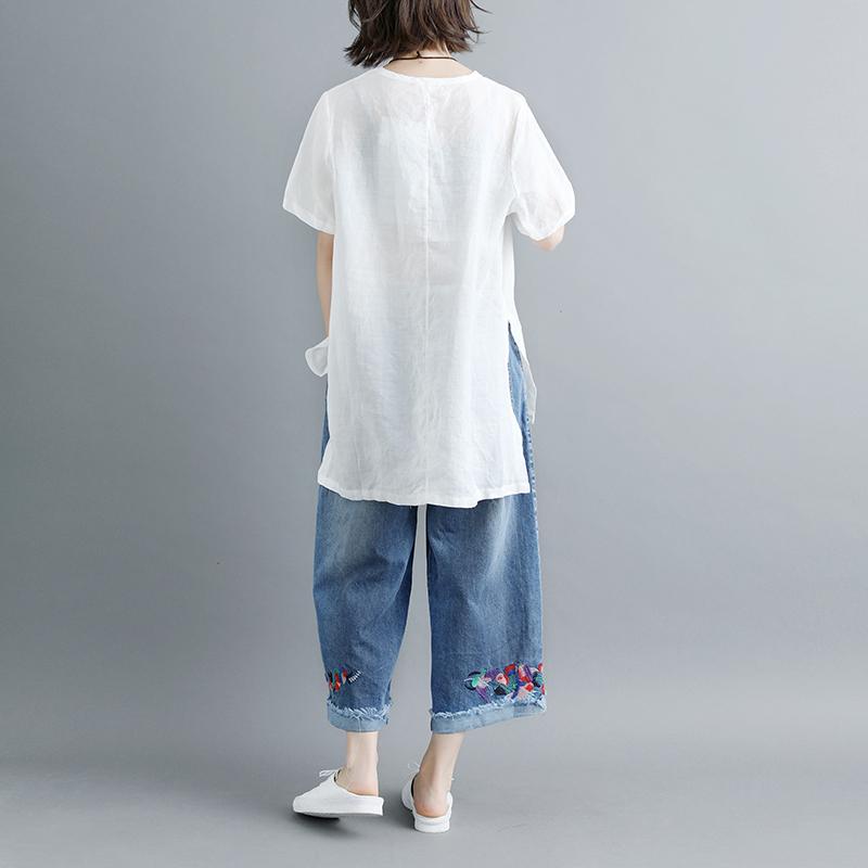 Pure Linen Blouse Summer Short Sleeve Slit Round Neck White Tops
