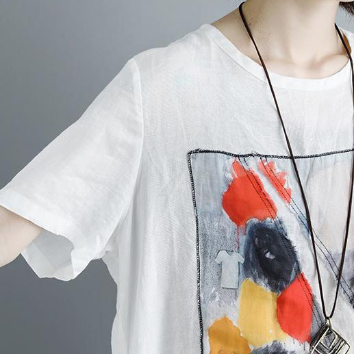 Pure Linen Blouse Summer Short Sleeve Slit Round Neck White Tops
