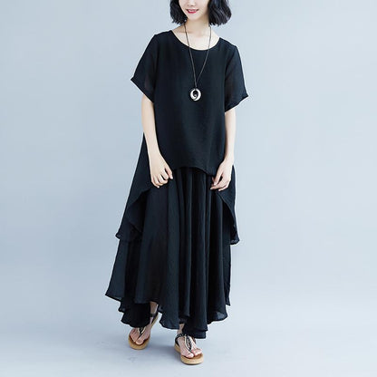 Pure Linen Tops Oversized Short Sleeve Black Pockets Fake Two-piece Dress