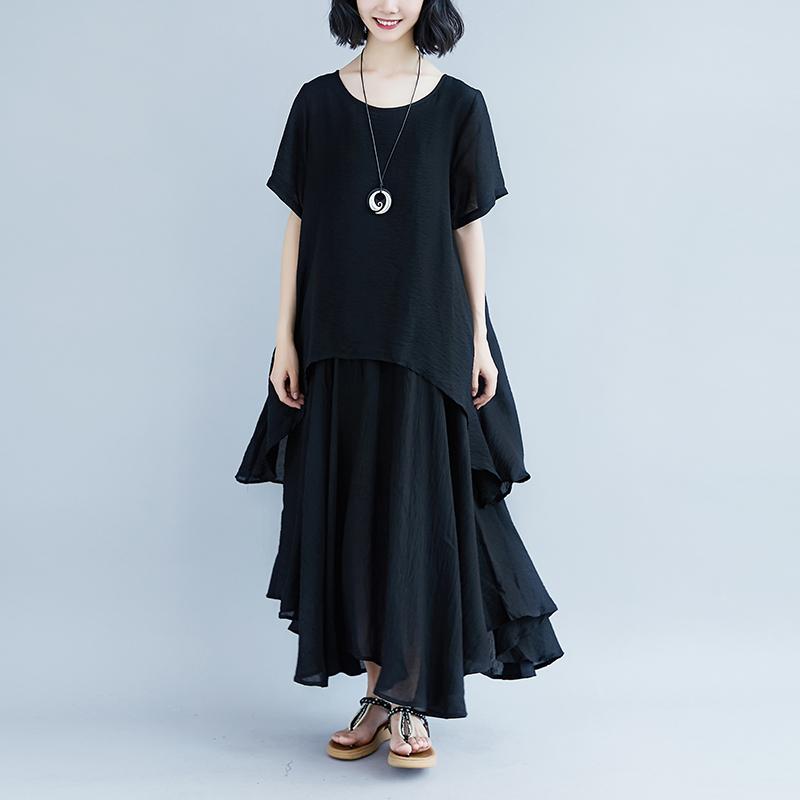 Pure Linen Tops Oversized Short Sleeve Black Pockets Fake Two-piece Dress