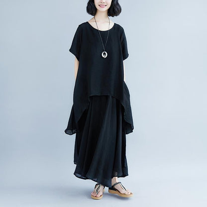 Pure Linen Tops Oversized Short Sleeve Black Pockets Fake Two-piece Dress