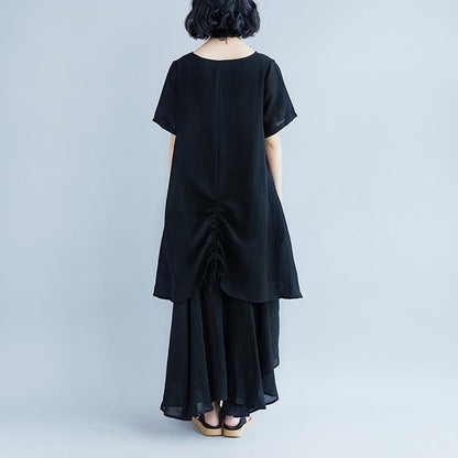 Pure Linen Tops Oversized Short Sleeve Black Pockets Fake Two-piece Dress