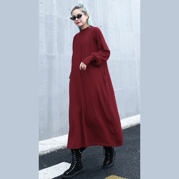 Red Autumn Clothing Stand Collar Traveling Dress Boutique Pockets Baggy Dresses