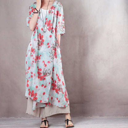 Red Linen Caftans V Neck Linen Maxi Dress Fine Half Sleeve Tie Waist Caftans