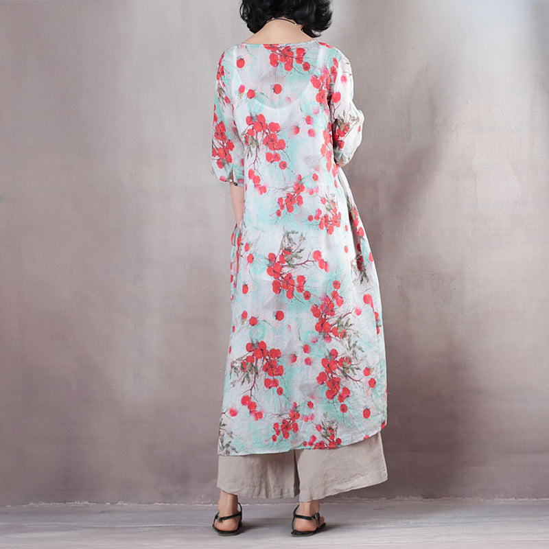 Red Linen Caftans V Neck Linen Maxi Dress Fine Half Sleeve Tie Waist Caftans
