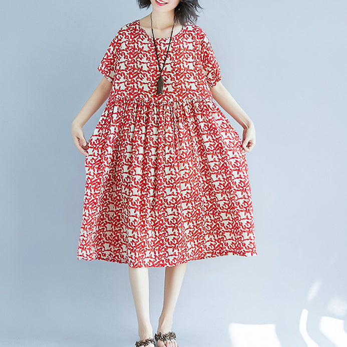 Red Linen Knee Dress Oversized Dress Fine Short Sleeve O Neck Dresses