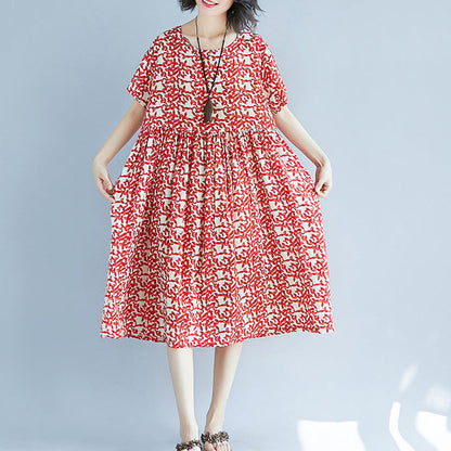 Red Linen Knee Dress Oversized Dress Fine Short Sleeve O Neck Dresses