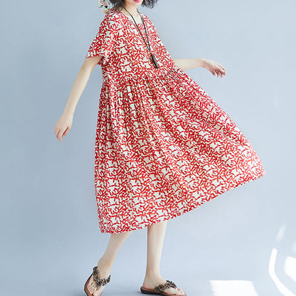 Red Linen Knee Dress Oversized Dress Fine Short Sleeve O Neck Dresses