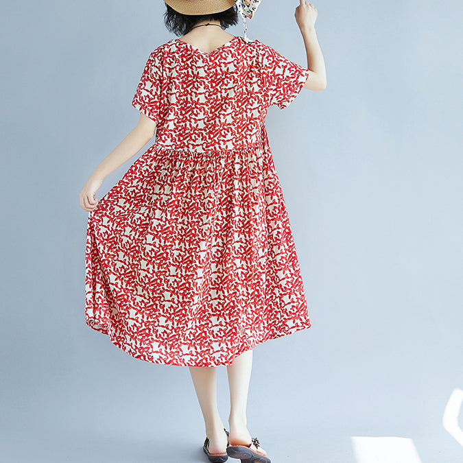 Red Linen Knee Dress Oversized Dress Fine Short Sleeve O Neck Dresses