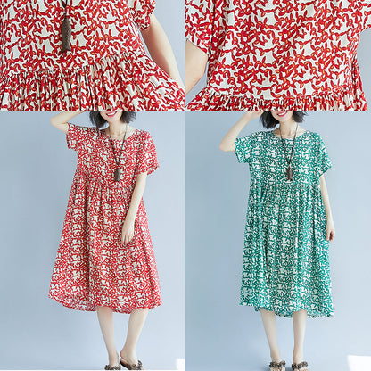 Red Linen Knee Dress Oversized Dress Fine Short Sleeve O Neck Dresses