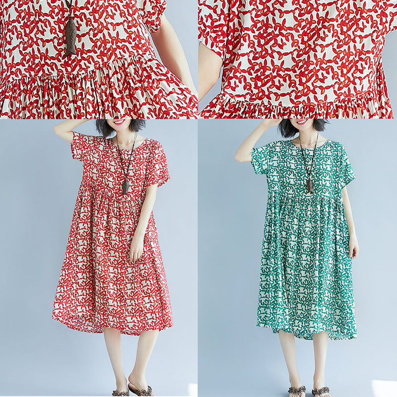Red Linen Knee Dress Oversized Dress Fine Short Sleeve O Neck Dresses