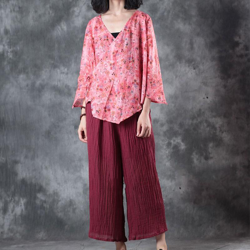 Red Print Linen T Shirt Clothing Linen Clothing Blouses New Half Sleeve V Neck Tie Waist Linen Clothing Tops