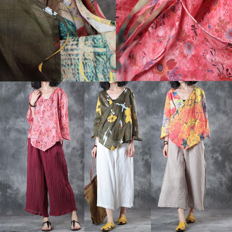 Red Print Linen T Shirt Clothing Linen Clothing Blouses New Half Sleeve V Neck Tie Waist Linen Clothing Tops