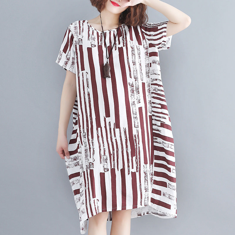 Red Pure Cotton Blended Dress Holiday Dresses Short Sleeve Geometric O Neck Asymmetric Cotton Blended Clothing