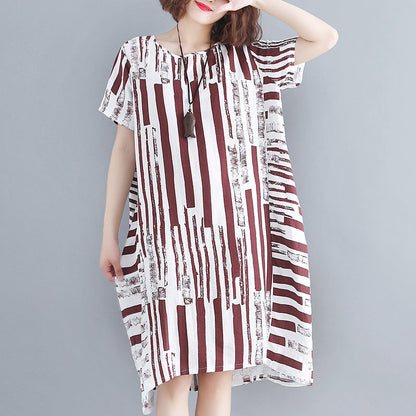 Red Pure Cotton Blended Dress Holiday Dresses Short Sleeve Geometric O Neck Asymmetric Cotton Blended Clothing