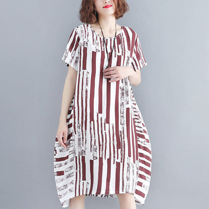 Red Pure Cotton Blended Dress Holiday Dresses Short Sleeve Geometric O Neck Asymmetric Cotton Blended Clothing