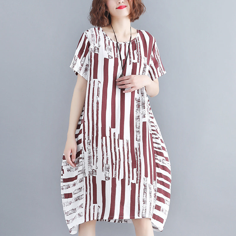 Red Pure Cotton Blended Dress Holiday Dresses Short Sleeve Geometric O Neck Asymmetric Cotton Blended Clothing