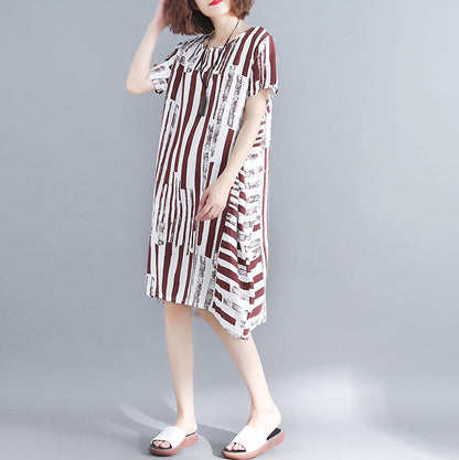 Red Pure Cotton Blended Dress Holiday Dresses Short Sleeve Geometric O Neck Asymmetric Cotton Blended Clothing