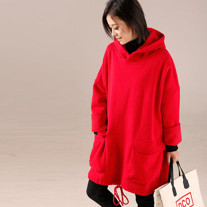 Red High Neck Cotton Hooded Blouses