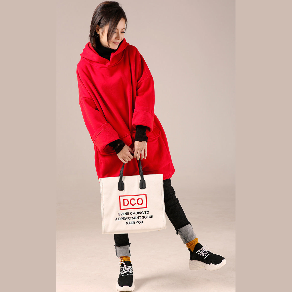 Red High Neck Cotton Hooded Blouses