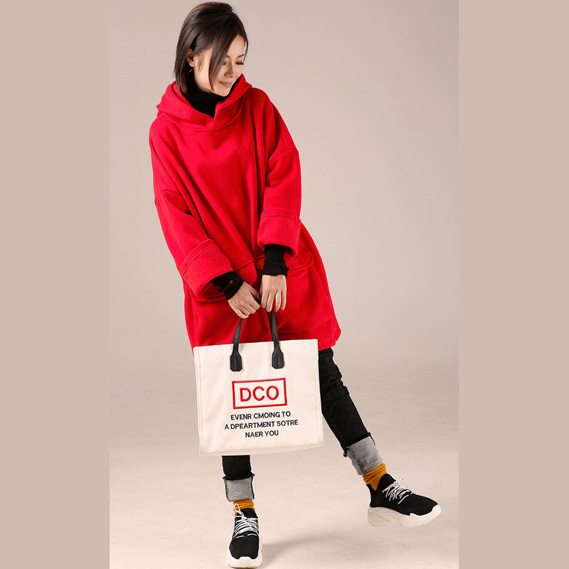 Red High Neck Cotton Hooded Blouses