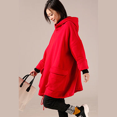 Red High Neck Cotton Hooded Blouses