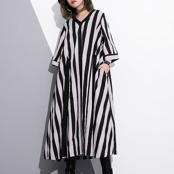 Striped Cotton Caftans Loose Fitting Tie Waist Cotton Maxi Dress Fine V Neck Cotton Caftans