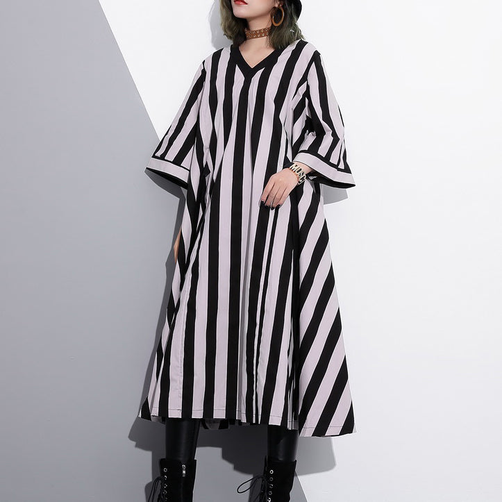 Striped Cotton Caftans Loose Fitting Tie Waist Cotton Maxi Dress Fine V Neck Cotton Caftans