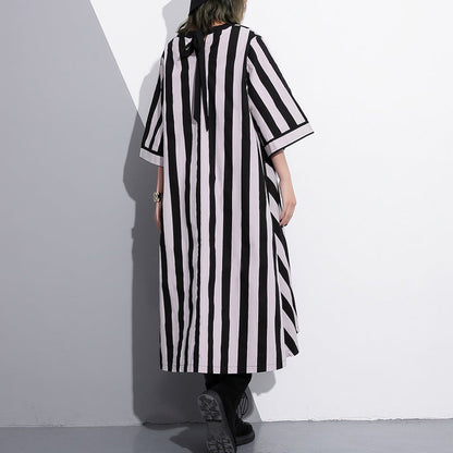 Striped Cotton Caftans Loose Fitting Tie Waist Cotton Maxi Dress Fine V Neck Cotton Caftans
