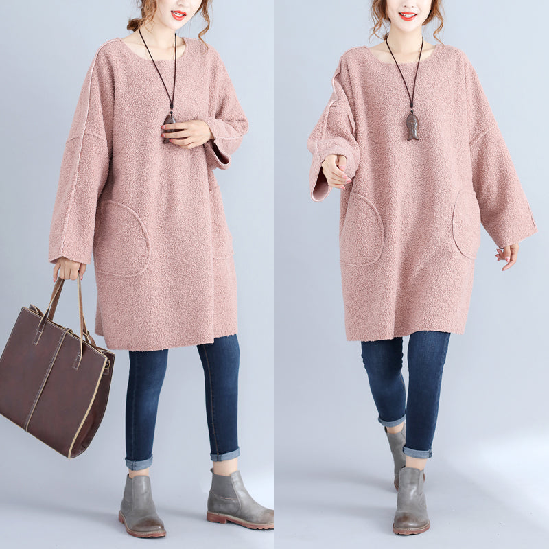 Warm Pink Corduroy Mid Shift Dresses Oversize Big Pockets Knit Dress