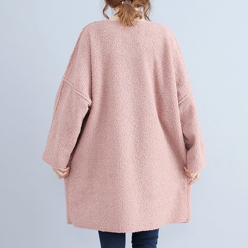 Warm Pink Corduroy Mid Shift Dresses Oversize Big Pockets Knit Dress