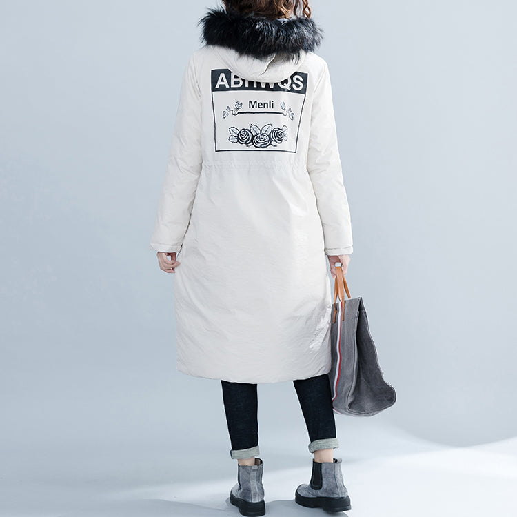 White Parka Loose Fitting Hooded Fur Collar Letter Quilted Coat Tie Waist Pockets Cotton Coats